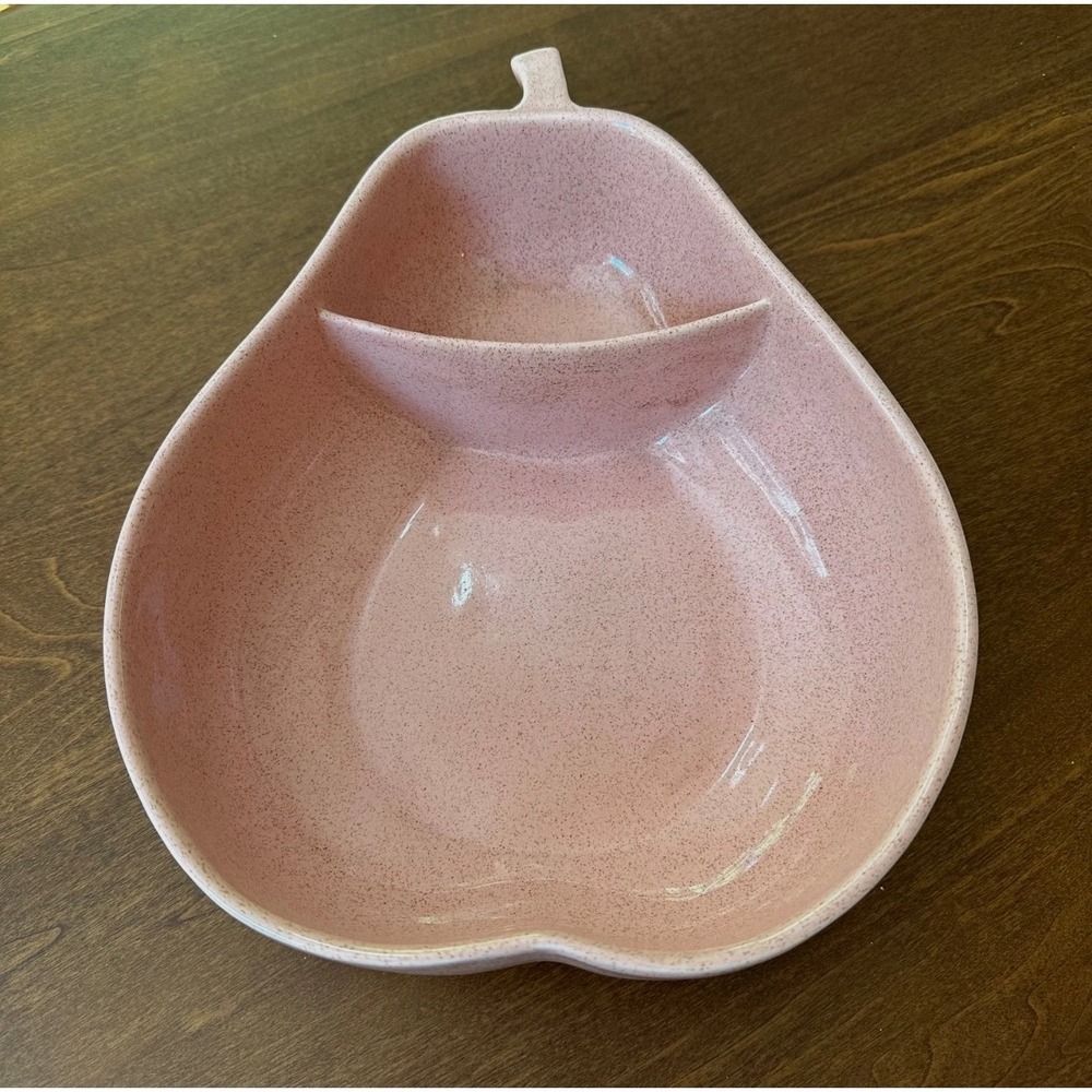 Vintage MCM Pfaltzgraff Pottery Pink Speckled‎ Divided Pear Shaped Bowl 1950s